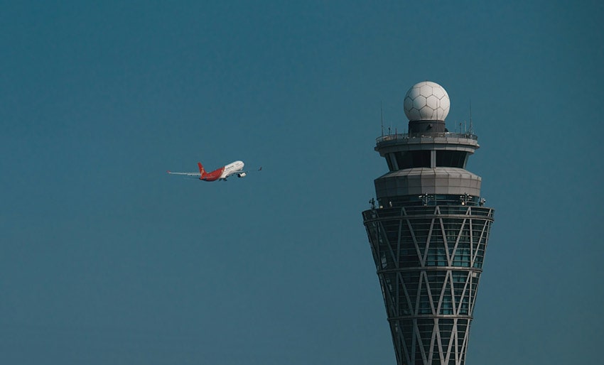 A flight takes off from the airport in Shenzhen, China.