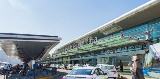 Taxis wait at the entrance of the Guadalajara International Airport