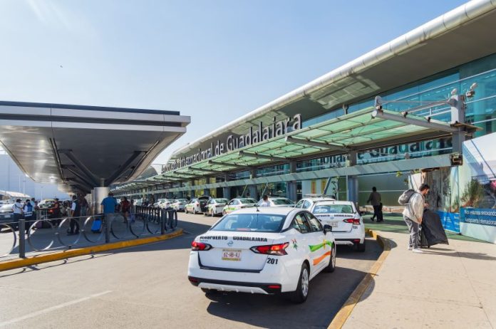 Taxis wait at the entrance of the Guadalajara International Airport
