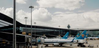 China Southern airplanes at the airport in Guangzhou, China