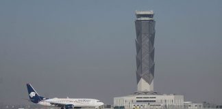 Plane landing at Felipe Angeles International Airport in Mexico
