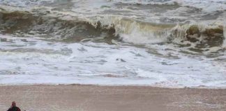 Pieces of a capsized boat on a coast in Oaxaca