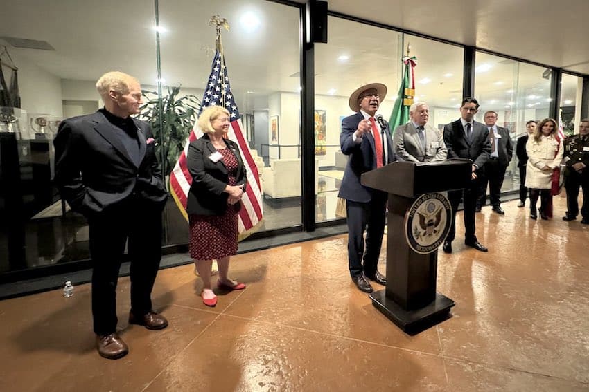 US Ambassador to Mexico Ken Salazar speaks at an event with NASA administrators Bill Nelson and Pam Melroy in April 2024