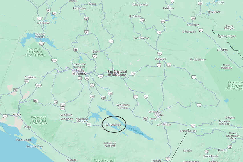 Mapa detallado de Chiapas que muestra San Cristóbal de las Casas y La Concordia.