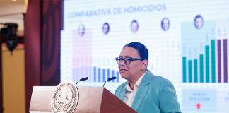 Mexico's scurity minister Rosa Icela Rodriguez speaking at a podium