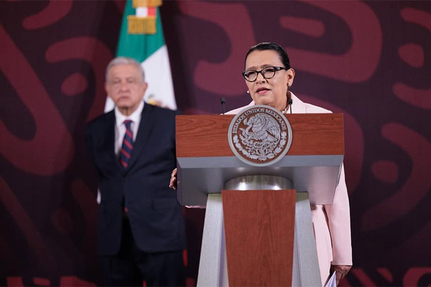Mexico security head Rosa Icela Rodriguez standing at a podium at a press conference