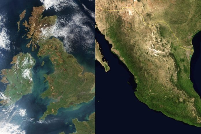 Satellite image of the United Kingdom and Mexico