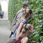 Gossips looking through a hedge