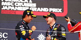 Checo Pérez celebrates with Red Bull teammate and race winner Max Verstappen in Japan