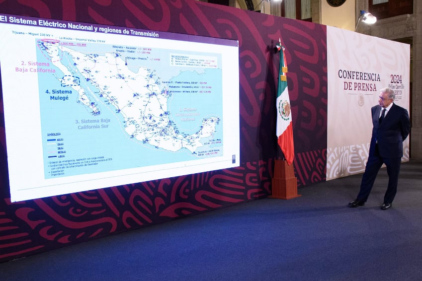 López Obrador looks at a map of the national grid