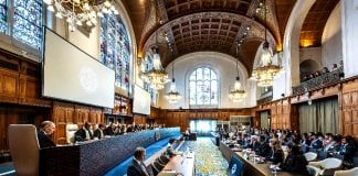 International Court of Justice courtroom at the start of hearings