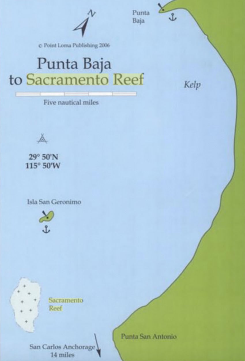 Map of Punta Baja to Sacramento Reef, where Mexican officials expect to find several sunken ships off Baja California.