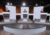 Mexico's presidential candidates at lecterns in a debate