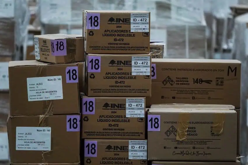 INE boxes with voting materials for Mexico's next elections on June 2
