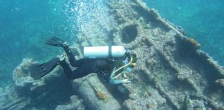 A diver investigates the hull of a sunken ship off Baja California