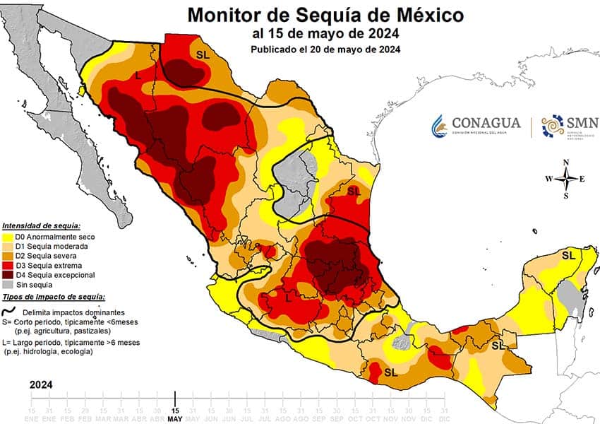 Color-coded drought map of Mexico showing different levels of drought around the country