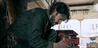 Actor Diego Luna, who will receive an award at the Guadalajara Film Festival, hunched over a machine part in a tool workshop in the Star Wars film "Andor"