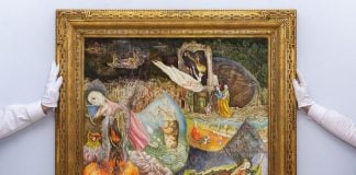 Leonora Carrington's "Les Distractions de Dagobert" held up by two pairs of hands in white gloves