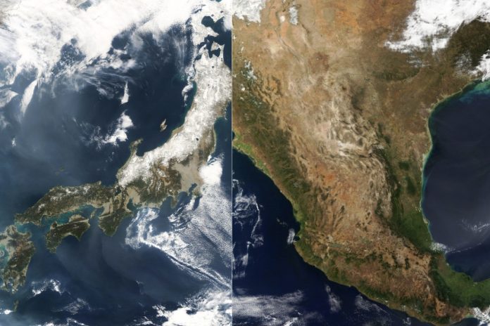 Side by side satellite images of Japan and Mexico