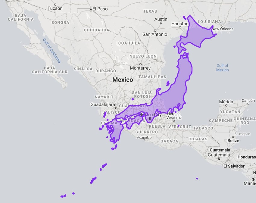 Area of Japan superimposed on Mexico map