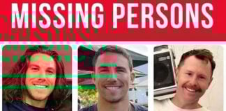 Missing persons poster with pictures of three men