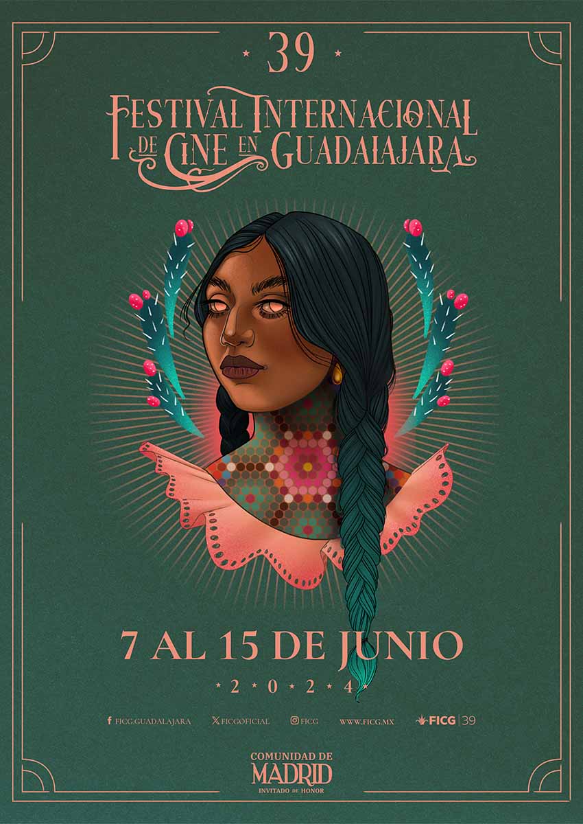 Poster for Guadalajara International Film Festival featuring an illustration of the head and shoulders of a Mexican woman at the center and the name and 2024 dates of the festivals around the image.