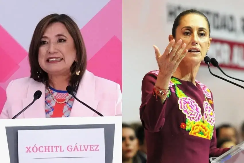 Separate images of Xochitl Galvez and Claudia Sheinbaum speaking at podiums shown side by side