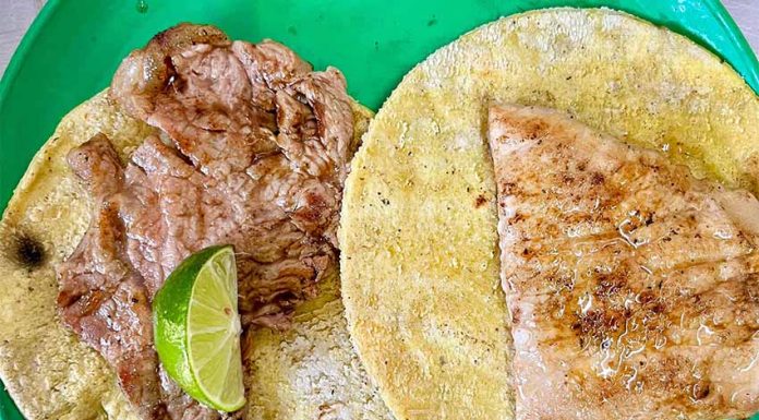 Two tortillas with meat on top, presented on a green plate and with a lime wedge
