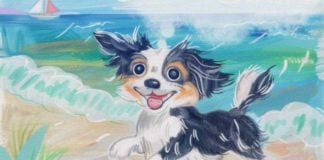 A painting of a running puppy