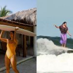 Mexican surfer Patricia Ornelas surfs in a traditional embroidered huipil.