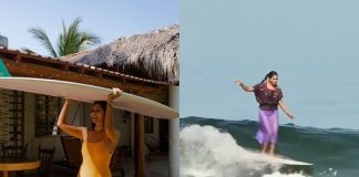 Mexican surfer Patricia Ornelas surfs in a traditional embroidered huipil.