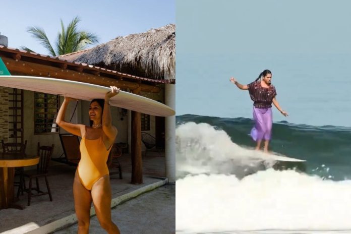 Mexican surfer Patricia Ornelas surfs in a traditional embroidered huipil.