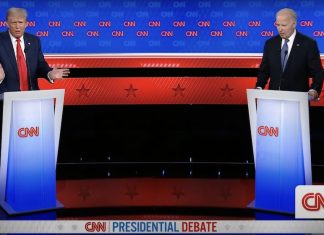 Mexico and immigration issues take center stage in US presidential debate U.S. President Biden and Trump debate issues like immigration, border security and more from behind podiums on a stage.