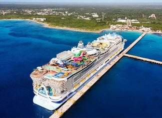 3.88 million cruise tourists came to Mexico between January and April Aerial shot of cruise ship with 10,000 tourists, Quintana Roo, Mexico