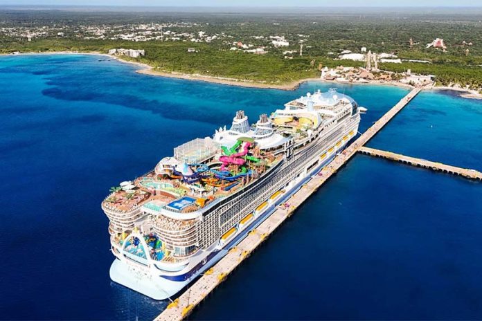 Aerial shot of cruise ship with 10,000 tourists, Quintana Roo, Mexico