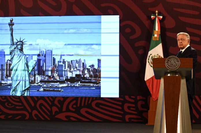 Andrés Manuel López Obrador at his morning press conference lectern