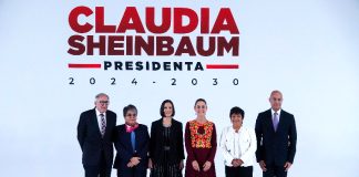 Claudia Sheinbaum at a press event with five newly announced cabinet members