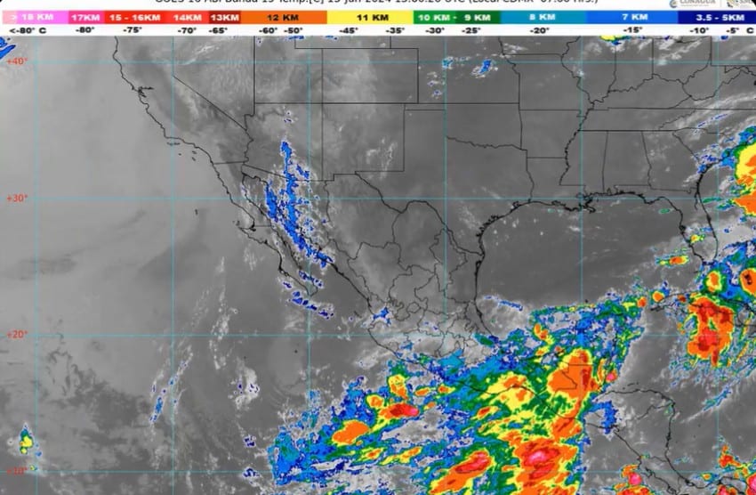 Satellite weather map showing rains headed for southeastern Mexico