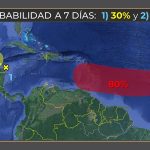 weather map of the Yucatan Peninsula showing two weather systems approaching land. One is labeled with a 30% chance of becoming a named storm in the next week, while the other is labeled at 80%