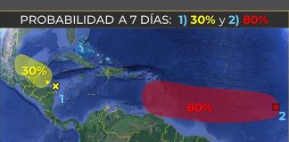 weather map of the Yucatan Peninsula showing two weather systems approaching land. One is labeled with a 30% chance of becoming a named storm in the next week, while the other is labeled at 80%