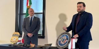 A representative of the Department of Homeland Security and the consul to Mexico in Seattle make a statement about a collection of 35 artifacts recovered from an estate sale in 2023