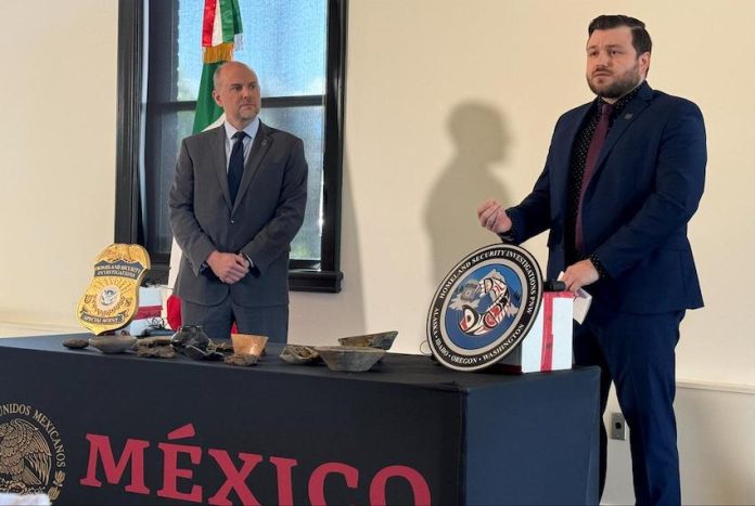 A representative of the Department of Homeland Security and the consul to Mexico in Seattle make a statement about a collection of 35 artifacts recovered from an estate sale in 2023