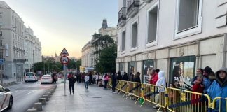 Mexican nationals wait in line in Madrid to cast their vote in person for the country's first female president