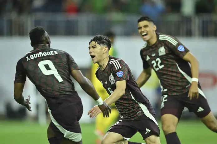 Mexico's men's national soccer team celebrating a win against Jamaica