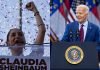 Two portraits, one of Mexico's new president-elect Claudia Sheinbaum and the other of U.S. President Joe Biden.