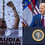 Two portraits, one of Mexico's new president-elect Claudia Sheinbaum and the other of U.S. President Joe Biden.