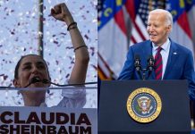 Two portraits, one of Mexico's new president-elect Claudia Sheinbaum and the other of U.S. President Joe Biden.