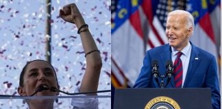 Two portraits, one of Mexico's new president-elect Claudia Sheinbaum and the other of U.S. President Joe Biden.