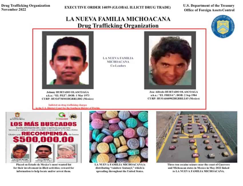 A chart shows members of La Nueva Familia Michoacana targeted by U.S. sanctions in 2022