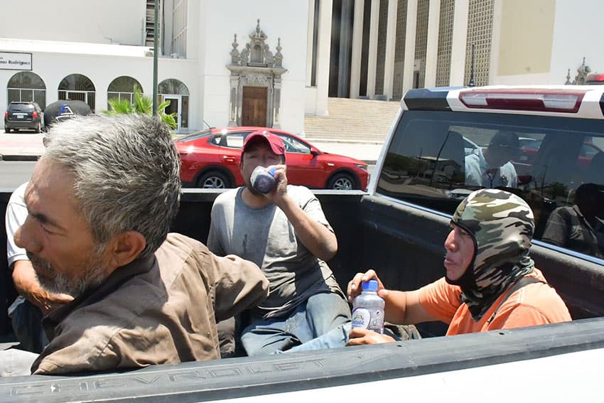 Four men in a truck bed drinking electrolyte-replacing drinks to fight off a Mexico heat wave
